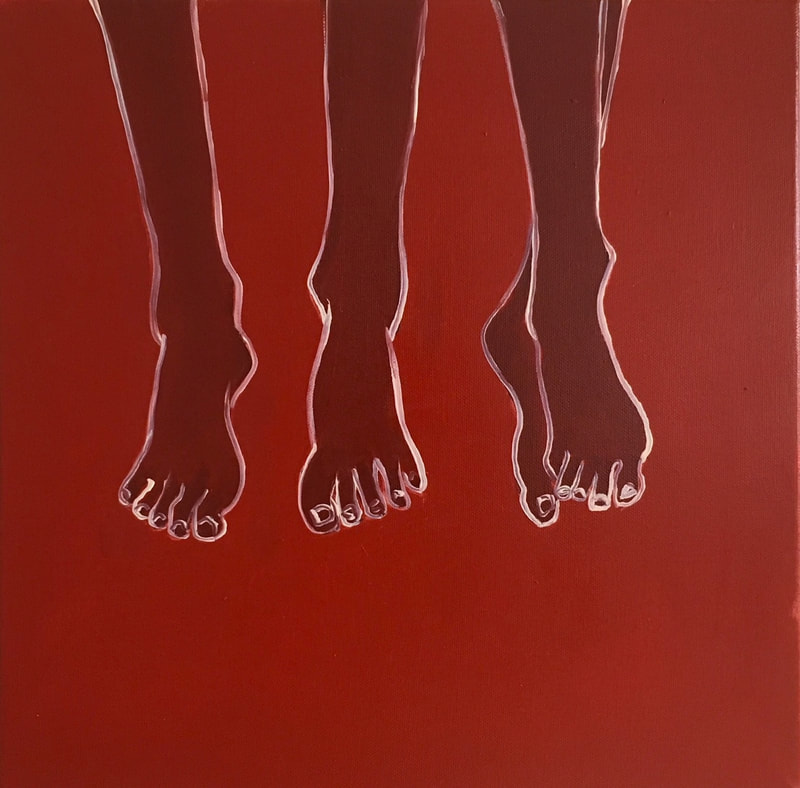 Red painting, The Odyssey, female feet hanging, 