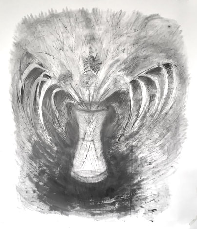 Charcoal drawing, large, vase, flowers, black and white