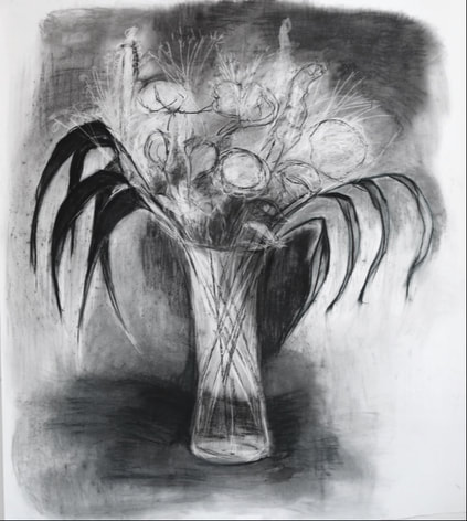 Charcoal drawing, large, vase, flowers, black and white