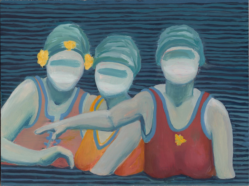 Oil painting on wooden panel of three masked women in sea, stripes, bathers, bathing hats
